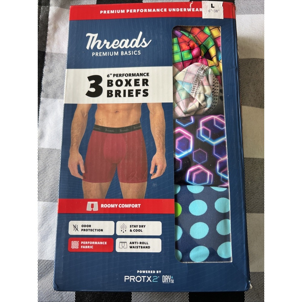 Threads Mens Performance 6" Boxer Briefs 3 Pack Large 36-38 Multicolor Nylon